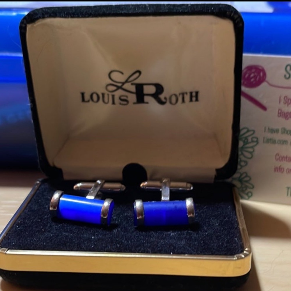 NOS Luis Roth Cobalt Blue Stone Cuff Links in Box